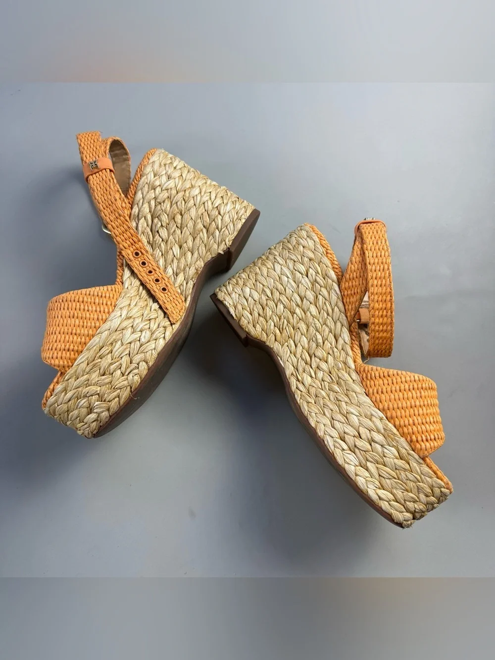 Sam Edelman April Raffia Platform Wedge Espadrille Sandals Marigold Orange 7.5